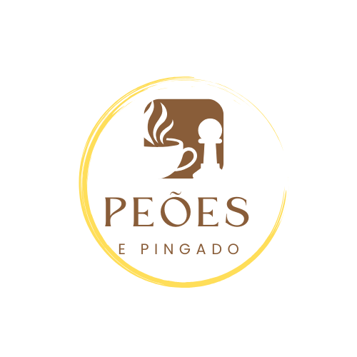 Ilustração de um peão de xadrez e uma xícara de café, logo Peões e Pingado